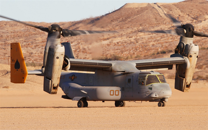 Bell V-22 Osprey, convertiplano noto, convertoplan, aereo Militare, aeronautica, aeroporto militare di sabbia