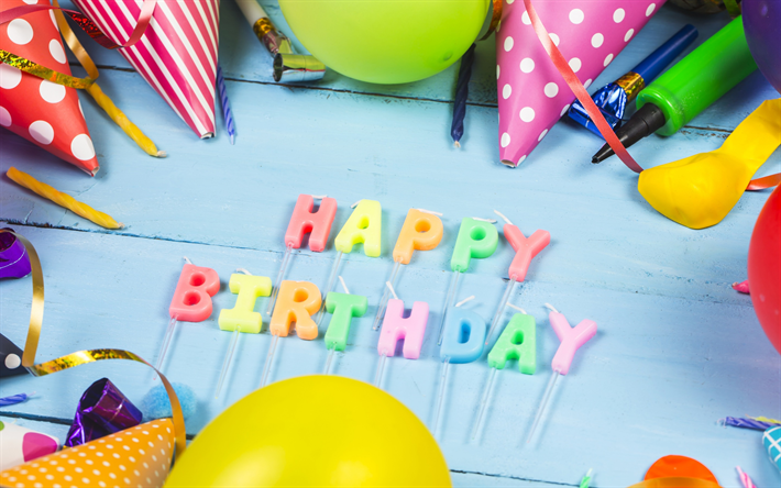 Happy Birthday, colorful candles, blue background, holiday accessories, inflatable balls