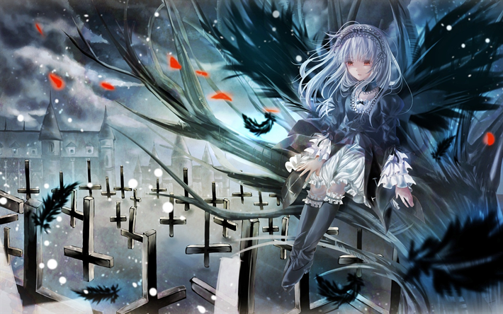 Rozen Maiden, Suigintou, Japanese manga, angel with black wings, cemetery, art, crosses