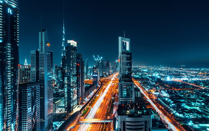 Dubai, 4k, paisajes nocturnos, carreteras, paisajes urbanos, EMIRATOS &#225;rabes unidos, Emiratos &#193;rabes Unidos