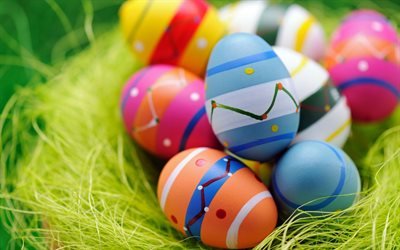 decorated eggs, Easter, April 8, 2018, nest, spring, colored eggs