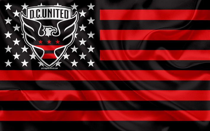 Il DC United, American soccer club, American creativo bandiera gialla bandiera nera, MLS, Washington, USA, logo, stemma, Major League Soccer, seta, bandiera, calcio