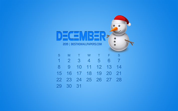 2019 December calendar, blue background, winter concept, 3d snowman, 2019 calendars, December, creative art, calendar for December 2019, concepts