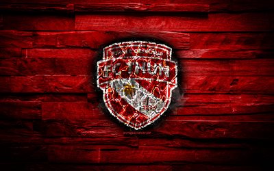 Thun FC, burning logo, Switzerland Super League, red wooden background, swiss football club, FC Thun, grunge, football, soccer, Thun logo, Bernese Oberland, Switzerland