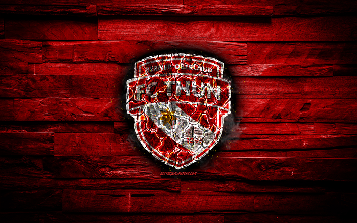 Thun FC, burning logo, Switzerland Super League, red wooden background, swiss football club, FC Thun, grunge, football, soccer, Thun logo, Bernese Oberland, Switzerland