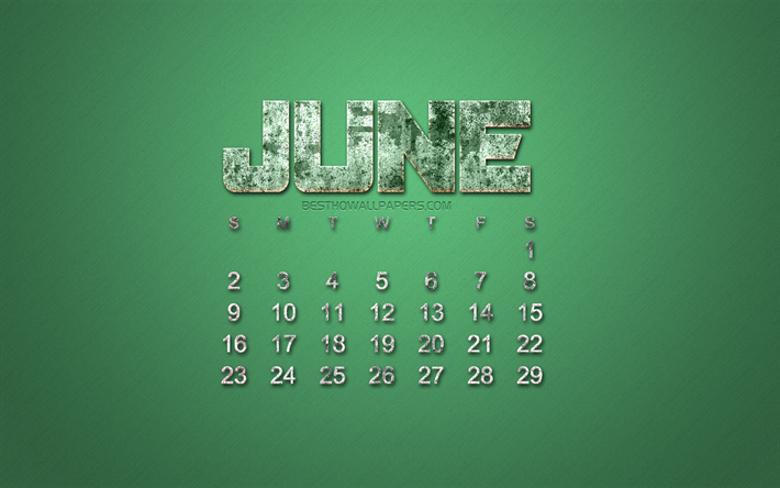 Juin 2019 calendrier, style grunge, vert grunge fond, 2019 calendriers, juin, cr&#233;atrice la pierre de l&#39;art, de l&#39;agenda pour le mois de juin 2019, les concepts