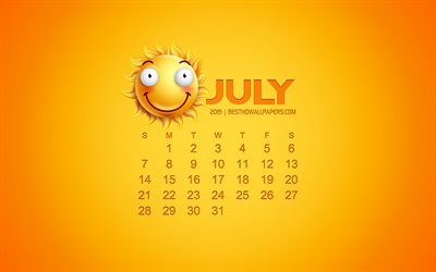 2019 juillet Calendrier, art cr&#233;atif, fond jaune, 3d soleil &#233;motion ic&#244;ne du calendrier pour le mois de juillet 2019, concepts, 2019 calendriers, juillet