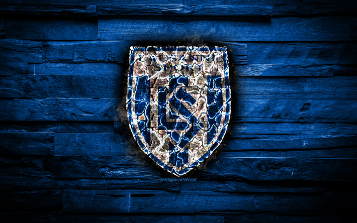 Lausanne FC, burning logo, Switzerland Super League, blue wooden background, swiss football club, FC Lausanne-Sport, grunge, football, soccer, Lausanne logo, Lausanne, Switzerland