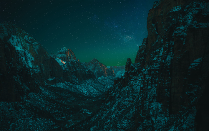 Il parco nazionale di Zion, 4k, paesaggi notturni, USA, montagne, cielo stellato, scogliere, american punti di riferimento, nello Utah, America