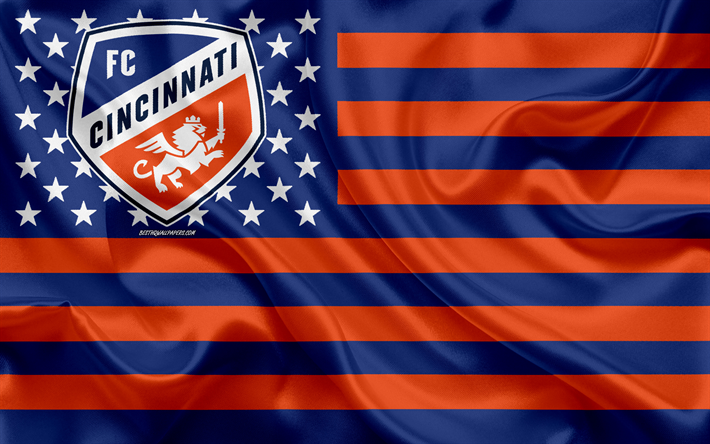 FC Cincinnati, American soccer club, American creativo de la bandera, de color naranja con bandera azul, de la MLS, Cincinnati, Ohio, estados UNIDOS, logotipo, emblema de la Liga Mayor de F&#250;tbol, bandera de seda, f&#250;tbol