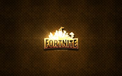 Fortnite golden logo, 2019 games, metal background, Fortnite logo, creative, Fortnite