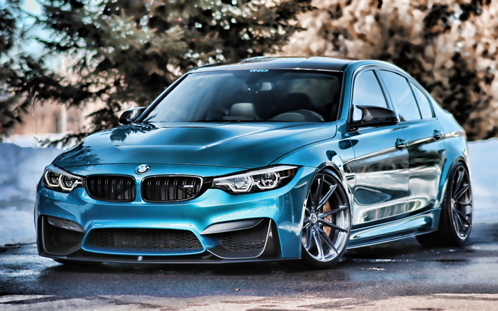 BMW M3, close-up, F80, HDR, tunned m3, supercars, tuning, blue m3, parking, german cars, blue f80, BMW