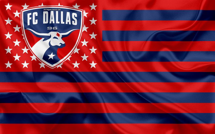 FC Dallas, Amerikansk fotboll club, Amerikansk kreativa flagga, bl&#229;-r&#246;d flagg, MLS, Dallas, Texas, USA, logotyp, emblem, Major League Soccer, silk flag, fotboll