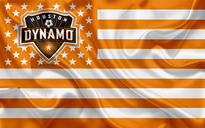 Houston Dynamo, Americano futebol clube, American criativo bandeira, laranja bandeira branca, MLS, Houston, Texas, EUA, logo, emblema, Major League Soccer, seda bandeira, futebol