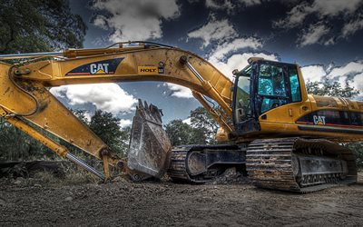 CAT 308 BSR, HDR, excavator, quarry, construction equipment, trucks, Caterpillar 308 BSR, excavator work, Caterpillar