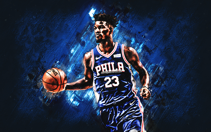 Jimmy Butler, American basketball player, Philadelphia 76ers, NBA, forward, USA, portrait, creative art, blue stone background