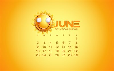 2019 juni kalender, kunst, gelber hintergrund, 3d sonne emotion icon, kalender f&#252;r juni 2019, konzepte, 2019 kalender, juni