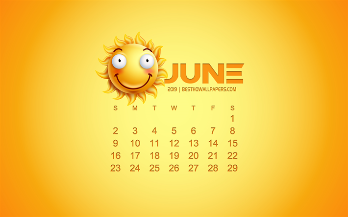 2019 giugno Calendario, creativo, arte, sfondo giallo, 3d sole emozione icona del calendario per il mese di giugno 2019, concetti, 2019 calendari, giugno