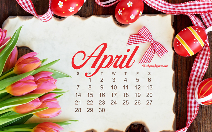 2019 Calendario de abril, tulipanes rojos, la Pascua de fondo, el calendario para el mes de abril de 2019, Pascua, 2019 calendarios, primavera