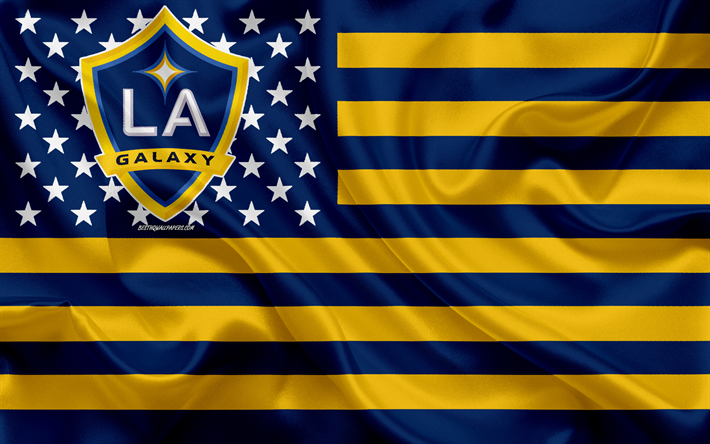 Los Angeles Galaxy, American soccer club, American creative flag, blue yellow flag, MLS, Los Angeles, California, USA, logo, emblem, Major League Soccer, silk flag, soccer, football