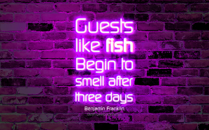 Guests Like fish Begin to smell after three days, 4k, violet brick wall, Benjamin Franklin, popular quotes, neon text, inspiration, quotes about guests