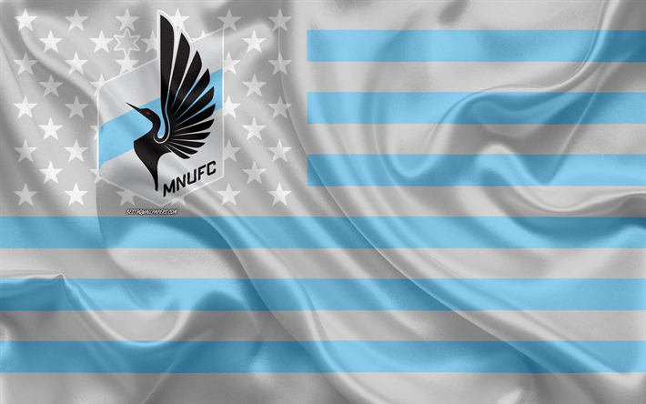 Minnesota United FC, American soccer club, Amerikkalainen luova lippu, sininen harmaa lippu, MLS, Minneapolis, Minnesota, USA, logo, tunnus, Major League Soccer, silkki lippu, jalkapallo