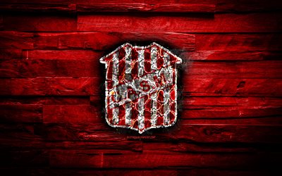 San Martin FC, burning logo, Argentine Superleague, red wooden background, Argentinean football club, Argentine Primera Division, CA San Martin, football, soccer, San Martin logo, Tucuman, Argentina