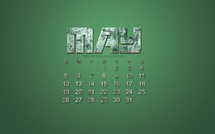 2019 May calendar, grunge style, green grunge background, 2019 calendars, May, Creative stone art, calendar for May 2019 concepts