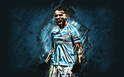 Nicolas Otamendi, Manchester City FC, Argentiinalainen jalkapalloilija, muotokuva, sininen kivi tausta, creative art, jalkapallo, Premier League, Englanti