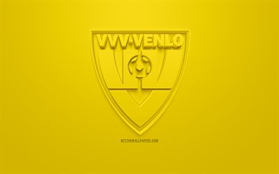 VVV-Venlo, luova 3D logo, keltainen tausta, 3d-tunnus, Hollantilainen jalkapalloseura, Eredivisie, Venlo, Alankomaat, 3d art, jalkapallo, tyylik&#228;s 3d logo