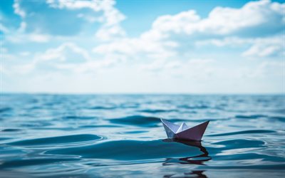 paper boat, waves, sea, travel concepts, origami, blue sky