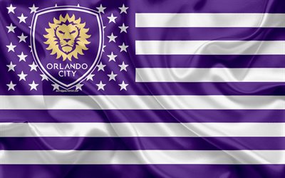 Orlando City SC, American club de f&#250;tbol, bandera Estadounidense, el morado de la bandera blanca, de la MLS, el Orlando, Florida, estados UNIDOS, logotipo, emblema de la Liga Mayor de F&#250;tbol, bandera de seda, f&#250;tbol