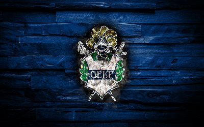 Gimnasia y Esgrima FC, burning logo, Argentine Superleague, blue wooden background, Argentinean football club, Argentine Primera Division, Gimnasia y Esgrima La Plata, football, soccer, Gimnasia y Esgrima logo, La Plata, Argentina