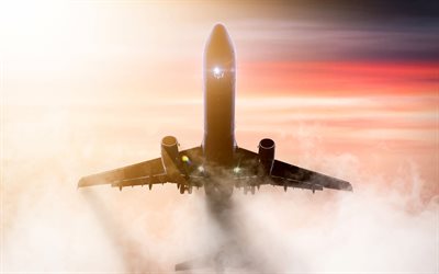 avion au d&#233;collage, 4k, ciel, avion dans les nuages, avion de passagers, avions