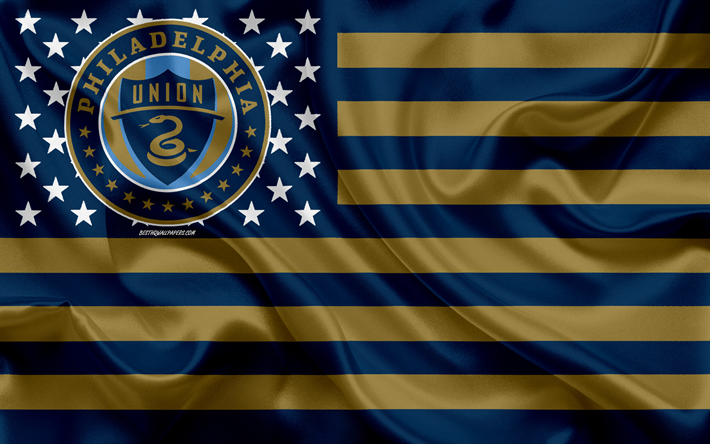 Philadelphia Union, Americano futebol clube, Bandeira americana, ouro azul bandeira, MLS, Filad&#233;lfia, Pensilv&#226;nia, EUA, logo, emblema, Major League Soccer, seda bandeira, futebol