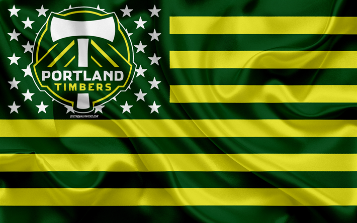 Portland Timbers, American club de f&#250;tbol, bandera Estadounidense, color verde amarillo de la bandera, de la MLS, Portland, Oregon, estados UNIDOS, logotipo, emblema de la Liga Mayor de F&#250;tbol, bandera de seda, f&#250;tbol
