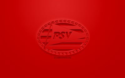 PSV, creative 3D logo, red background, 3d emblem, Dutch football club, Eredivisie, Eindhoven, Netherlands, 3d art, football, stylish 3d logo