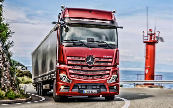 Mercedes-Benz Actros, road, HDR, 2019 truck, LKW, red truck, semi-trailer truck, 2019 Mercedes-Benz Actros, trucks, Mercedes