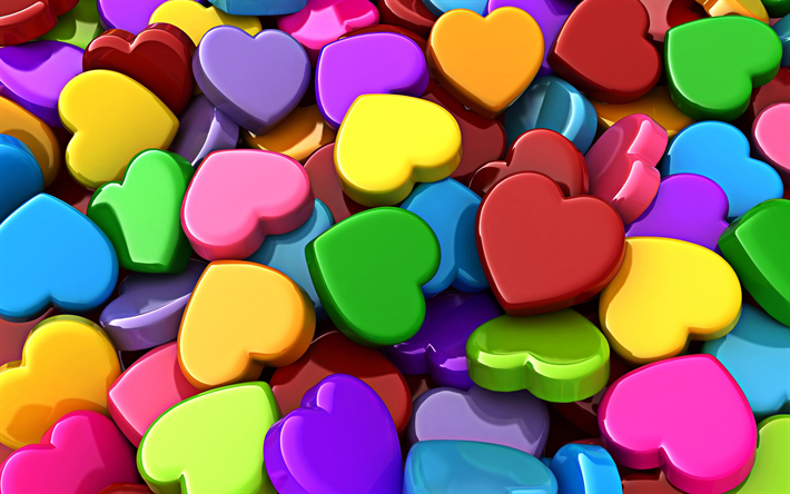 colorful 3D hearts, 4k, 3D textures, colorful hearts background, 3D art, colorful hearts