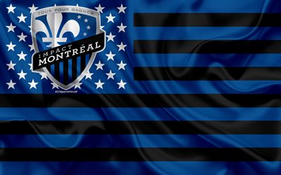 Montreal Impact, Canadian soccer club, Amerikanska flaggan, blue black flag, MLS, Montreal, Quebec, Kanada, USA, logotyp, emblem, Major League Soccer, silk flag, fotboll