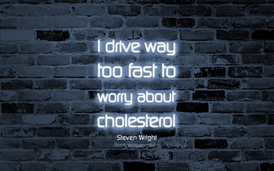 I drive way too fast to worry about cholesterol, 4k, gray brick wall, Steven Wright, popular quotes, neon text, inspiration, quotes about life