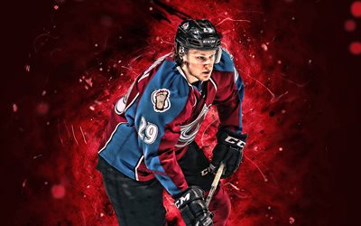Nathan MacKinnon, close-up, Colorado Avalanche, hockey spelare, NHL, hockey stj&#228;rnor, MacKinnon, hockey, neon lights, USA