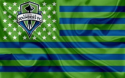 Seattle Sounders FC, American soccer club, American flag, blue green flag, MLS, Seattle, Washington State, USA, logo, emblem, Major League Soccer, silk flag, soccer, football