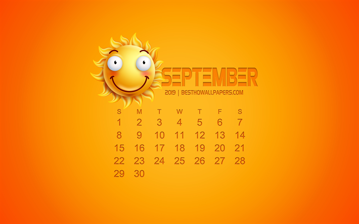 2019 September Calendar, creative art, yellow background, 3D sun emotion icon, calendar for September 2019, concepts, 2019 calendars, September