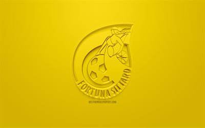 Fortuna Sittard, luova 3D logo, keltainen tausta, 3d-tunnus, Hollantilainen jalkapalloseura, Eredivisie, Sittard, Alankomaat, 3d art, jalkapallo, tyylik&#228;s 3d logo
