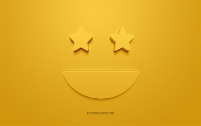 Leende glad smiley, Leende ansikte Ikoner, 3d-ikoner, gul bakgrund, leende ansikte med stj&#228;rnor, glad 3d-ikonen