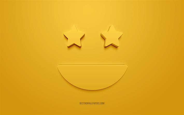 Sonriendo feliz emoticon, cara Sonriente, Iconos, iconos 3d, fondo amarillo, cara sonriente con las estrellas, feliz icono 3d