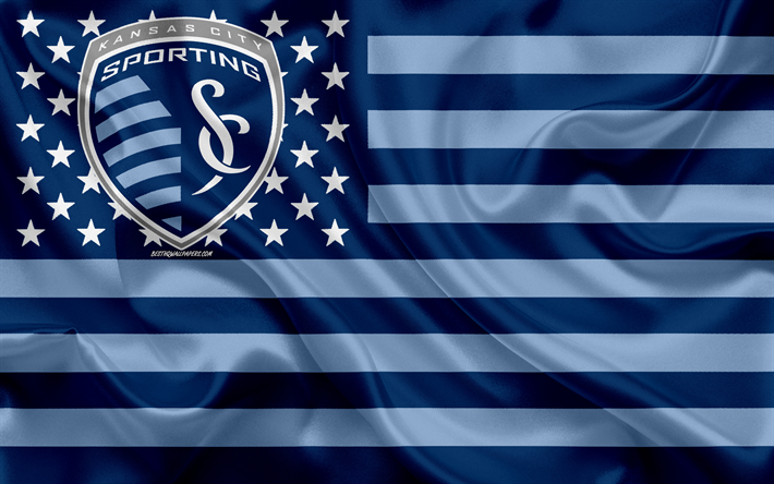 Sporting Kansas City, American club de f&#250;tbol, bandera Estadounidense, bandera azul, de la MLS, de la Ciudad de Kansas, Kansas, estados UNIDOS, logotipo, emblema de la Liga Mayor de F&#250;tbol, bandera de seda, f&#250;tbol