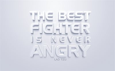 The best fighter is never angry, Lao Tzu quotes, white 3d art, quotes about fighters, popular quotes, inspiration, white background, motivation