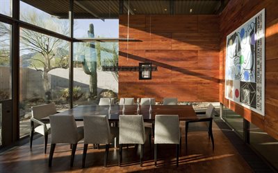 デザイナーズシェアハウス会議室, 木質パネルの壁, 木内, モダンなインテリアデザイン, 大きなテーブル